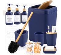 XLHOMO Navy Blue and Wood Bathroom Accessories Set 19Pcs, Bathroom Set with Trash Can and Toilet Brush, 3PCS Drill Free 17oz Soap Dispenser Wall Mounted, Toothbrush Holder, Cup, Soap Dish, Qtip Holder