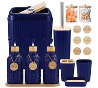 XLHOMO Navy Blue Bathroom Accessories Set 17PCS Bathroom Set with Trash Can 3PCS Lotion Soap Dispenser, Toothbrush Holder,6PCS Wood Tags Bath Accessories with Tray for Kitchen Bathroom