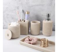 XLHOMO Resin Beige Bathroom Accessories Set 5 Pcs, Lotion Soap Dispenser, Toothbrush Holder, Bathroom Tumbler, Qtip Holder and Vanity Tray, Bathroom Countertop Organizer Set for Modern Home Apartment