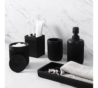 XLHOMO Resin Matte Black Bathroom Accessories Set 5 Pcs - Soap Dispenser, Toothbrush Holder, Tumbler, Qtip Holder, Vanity Tray - Countertop Organizer for Home Apartment