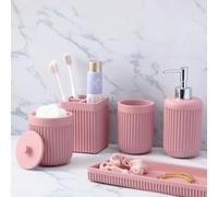 XLHOMO Resin Pink Bathroom Accessories Set 5 Pcs, Lotion Soap Dispenser Toothbrush Holder Bathroom Tumbler Cotton Swab Jar and Multifunctional Tray, Bathroom Organizer Accessory for Modern Home Decor