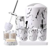 XLHOMO White Marble Bathroom Accessories Set With Trash Can, Vanity Tray, Soap Dispenser, Dish, Toothbrush Holder, Cup, Toilet Brush and Qtip Holders