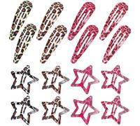 XLIUAX 16Pcs Metal Snap Hair Clips, Pink Leopard Print Hair Barrettes, Star & Water Drop Hairs Clip Non-Slip 2000s Aesthetic Hairs Accessories for Women Girls Thick Thin Styling Decorations