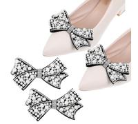 XLIUAX 2 Pack Pearl Bow Shoe Clips for Women, Rhinestone Shoe Clips Detachable Crystal Bow Pointed Toe Flats Heels Buckle for Bridal Wedding Party DIY Shoes Decorations Accessories