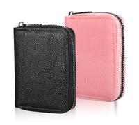 XLIUAX 2 Pack Zipper Credit Card Holders, PU Leather Debit Card Wallet Soft ID Bank Business Slim Debit Holders Case with Plastic Sleeves for Women Men, 2 Colors