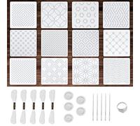 XLIUAX 28pcs Plastic Sashiko Stencil Kit, 4.7 X 4.7 Inch Template Pattern Geometric Embroidery with Sashiko Thimble and Needles Thread Drawing Line Template for Hand Quilting Sewing
