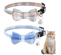 XLIUAX 2Pcs Cat Bow Tie, Cat Bowtie Collar with Bells, Adjustable Breakaway Blue and White Plaid Kitten Collar for Kitten Puppy and Small Pets