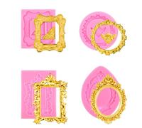 XLIUAX 4Pcs Silicone Photo Frame Molds for Chocolate, Pink Mini Fondant Sugar Candy Mold, Baroque Style Picture Frames Cakes Molds for Cupcake, Donut, Dessert Air Dry Clay Cake Decoration