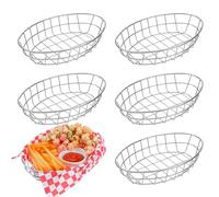 XLIUAX 6 Pcs Wire Bread Baskets, 9.5" x 6.2" x 2.2" Oval Stainless Steel Dinner Roll Basket for Serving Fruit Bowl Storage Decorative Sandwich Container for Kitchen Table Restaurant Fast Food Burger