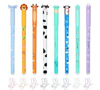 XLIUAX 8 Pack Erasable Gel Pens, Cartoon Animal Pattern Ink Pen with Rubber Eraser 0.6mm Tip Rub Out Ballpoint Pens for Writing Drawing Note Taking, Range of Ink Colours & Barrel Designs