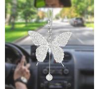 XLIUAX Bling Butterfly Diamond Car Hanging Accessories, Crystal Car Rear View Mirror Charms Lucky Hanging Interior Crystal Ornament Pendant Decor for All Cars(White)