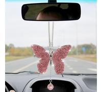 XLIUAX Bling Butterfly Diamond Car Hanging Accessories, Crystal Car Rear View Mirror Charms Lucky Hanging Interior Crystal Ornament Pendant Decor for All Cars(Pink)