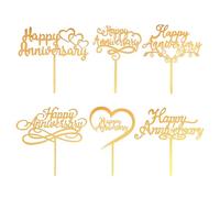 XLIUAX Happy Anniversary Cake Topper, 6 Pcs Anniversary Cake Toppers Gold Sliver Weddings for Couple Acrylic Party Decorations Party Supplies Happy Wedding Signs