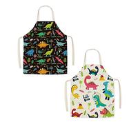 XLKJ 2 Pcs Cute Dinosaur Apron, Cartoon Style Kids Apron Cute Pattern Linen Kitchen Apron, Adjustable Child Chef Aprons Girls Boys Bib Apron for Art Painting Gardening