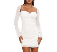 XLLAIS Women Long Puff Sleeve Mini Bodycon Mesh Dress Split Hem Clubwear Party Dress, White1, XL