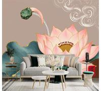XLMING 3D Wallpaper Beautiful Pink Lotus Green Leaves Golden Outline | Silk Texture Suitable for the Home Study Office Schemes Dining Rooms Sofas Bedrooms Living Rooms TV Feature Walls-430cm×300cm