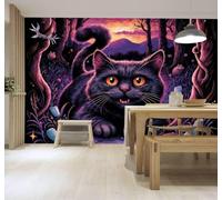 XLMING 3D Wallpaper Black Cat Forest Purple Sunset Mountains Landscape | Premium Textured Silk Suitable for Study Dining Living Room Bedroom Sofa TV Wall Decoration Easy Install-430cm×300cm