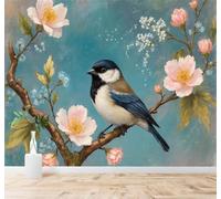XLMING 3D Wallpaper Blue Bird Blooming Flowers Branches Spring Landscape | Premium Textured Silk Suitable for Study Dining Living Room Bedroom Sofa TV Wall Decoration Easy Install-300cm×210cm