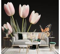 XLMING 3D Wallpaper Butterflies Pink Tulips Green Leaves Elegant Plants | Premium Textured Silk Suitable for Study Dining Living Room Bedroom Sofa TV Wall Decoration Easy Install-150cm×105cm