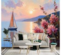 XLMING 3D Wallpaper Calm Sea Sailing Boat Sunset Pink Flowers Mountains | Silk Texture Suitable for the Home Study Office Schemes Dining Rooms Sofas Bedrooms Living Rooms TV Feature Walls-150cm×105cm