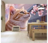 XLMING 3D Wallpaper Cute Animals Kittens Pink Cherry Blossoms | Premium Textured Silk Suitable for Study Dining Living Room Bedroom Sofa TV Wall Decoration Easy Install-350cm×256cm
