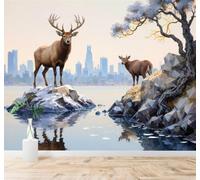 XLMING 3D Wallpaper Deer Rocks Lakes Urban Architecture Trees Reflections | Premium Textured Silk Suitable for Study Dining Living Room Bedroom Sofa TV Wall Decoration Easy Install-150cm×105cm
