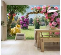 XLMING 3D Wallpaper Dreamy Garden Pink Roses Yellow Animals Green Grass | Premium Textured Silk Suitable for Study Dining Living Room Bedroom Sofa TV Wall Decoration Easy Install-150cm×105cm