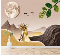 XLMING 3D Wallpaper Full Moon Abstract Golden Deer Mountains Green Leaves | Premium Textured Silk Suitable for Study Dining Living Room Bedroom Sofa TV Wall Decoration Easy Install-200cm×140cm