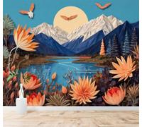 XLMING 3D Wallpaper Geometric Mountains Orange Flowers Lakes Sunlight Birds | Premium Textured Silk Suitable for Study Dining Living Room Bedroom Sofa TV Wall Decoration Easy Install-200cm×140cm