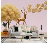 XLMING 3D Wallpaper Golden Deer Marble Trees Abstract Ginkgo Leaves | Premium Textured Silk Suitable for Study Dining Living Room Bedroom Sofa TV Wall Decoration Easy Install-300cm×210cm