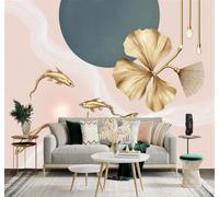 XLMING 3D Wallpaper Golden Fish Ginkgo Leaves Abstract Waves Art | Premium Textured Silk Suitable for Study Dining Living Room Bedroom Sofa TV Wall Decoration Easy Install-300cm×210cm