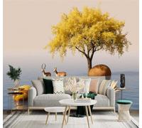 XLMING 3D Wallpaper Golden Trees Deer Swans Lakes Rocks | Premium Textured Silk Suitable for Study Dining Living Room Bedroom Sofa TV Wall Decoration Easy Install-400cm×280cm