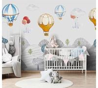 XLMING 3D Wallpaper Hand Drawn Cartoon Hot Air Balloon Mountain Peaks Trees