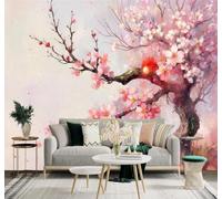 XLMING 3D Wallpaper Hand Drawn Cherry Blossom Trees in Full Bloom Sunrise | Premium Textured Silk Suitable for Study Dining Living Room Bedroom Sofa TV Wall Decoration Easy Install-300cm×210cm