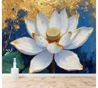 XLMING 3D Wallpaper Hand Painted White Lotus Abstract Gold Leaf Blue | Premium Textured Silk Suitable for Study Dining Living Room Bedroom Sofa TV Wall Decoration Easy Install-150cm×105cm
