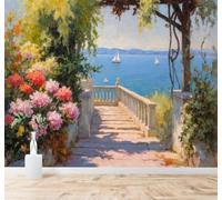 XLMING 3D Wallpaper Seaside Garden Path Flowers Sailing Boat | Silk Texture Suitable for the Home Study Office Schemes Dining Rooms Sofas Bedrooms Living Rooms TV Feature Walls-250cm×170cm
