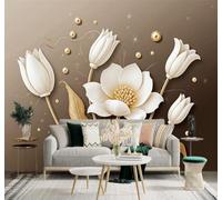 XLMING 3D Wallpaper Simple Elegant White Lotus Golden Leaves Pearls | Silk Texture Suitable for the Home Study Office Schemes Dining Rooms Sofas Bedrooms Living Rooms TV Feature Walls-250cm×170cm