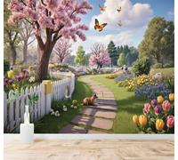 XLMING 3D Wallpaper Spring Garden Path Cherry Blossoms Tulips Butterflies | Premium Textured Silk Suitable for Study Dining Living Room Bedroom Sofa TV Wall Decoration Easy Install-400cm×280cm