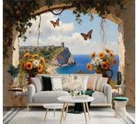 XLMING 3D Wallpaper Sunflowers Vase Butterflies Window Blue Ocean | Premium Textured Silk Suitable for Study Dining Living Room Bedroom Sofa TV Wall Decoration Easy Install-430cm×300cm