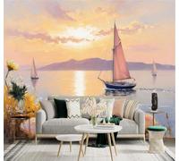XLMING 3D Wallpaper Sunset Calm Sea Sailing Boat Flowers Mountains | Silk Texture Suitable for the Home Study Office Schemes Dining Rooms Sofas Bedrooms Living Rooms TV Feature Walls-400cm×280cm
