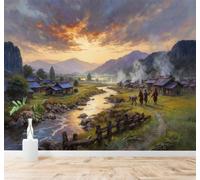 XLMING 3D Wallpaper Sunset River Valley Houses Rural Landscape | Silk Texture Suitable for the Home Study Office Schemes Dining Rooms Sofas Bedrooms Living Rooms TV Feature Walls-200cm×140cm