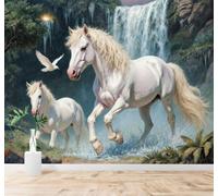 XLMING 3D Wallpaper White Horse Waterfall Forest Birds Natural Landscape | Premium Textured Silk Suitable for Study Dining Living Room Bedroom Sofa TV Wall Decoration Easy Install-400cm×280cm