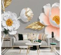 XLMING 3D Wallpaper White Pink Peonies Opulent Golden Leaves Art | Silk Texture Suitable for the Home Study Office Schemes Dining Rooms Sofas Bedrooms Living Rooms TV Feature Walls-350cm×256cm