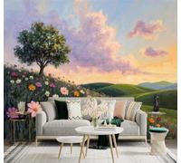 XLMING 3D Wallpaper Wildflowers in Bloom Grasslands Trees Sunset Sky | Premium Textured Silk Suitable for Study Dining Living Room Bedroom Sofa TV Wall Decoration Easy Install-430cm×300cm