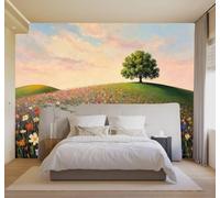 XLMING 3D Wallpaper Wildflowers in Bloom Meadows Trees Sunset Sky | Premium Textured Silk Suitable for Study Dining Living Room Bedroom Sofa TV Wall Decoration Easy Install-200cm×140cm
