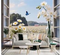 XLMING 3D Wallpaper Window Orchid Blue Butterfly Countryside Landscape | Silk Texture Suitable for the Home Study Office Schemes Dining Rooms Sofas Bedrooms Living Rooms TV Feature Walls-350cm×256cm