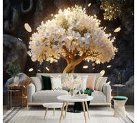 XLMING A Beautiful Luminous White Flowered Tree; Golden Glow; Rocky Landscape 3D Wallpaper Premium Textured Silk Study Dining Living Room Bedroom Sofa TV Wall Easy Install-350cm×256cm