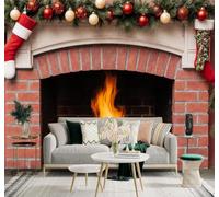 XLMING A Wood Burning Fireplace Red Brick Wall Red Stockings Baubles Pine Branches 3D Wallpaper Premium Textured Silk Study Dining Living Room Bedroom Sofa TV Wall Easy Install-250cm×170cm