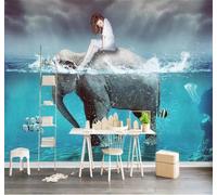 XLMING Abstract Animals Elephant River Girl 3D Wallpaper Silky Texture Home Study Office Grey Dining Room Sofa Bedroom Living Room TV Backdrop-200cm×140cm