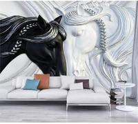 XLMING Abstract Art Black and White Double Horse Three Dimensional Relief 3D Wallpaper Luxury Home Dining Decor Paste Sofa Living Room The Wall for Bedroom Mural-430cm×300cm